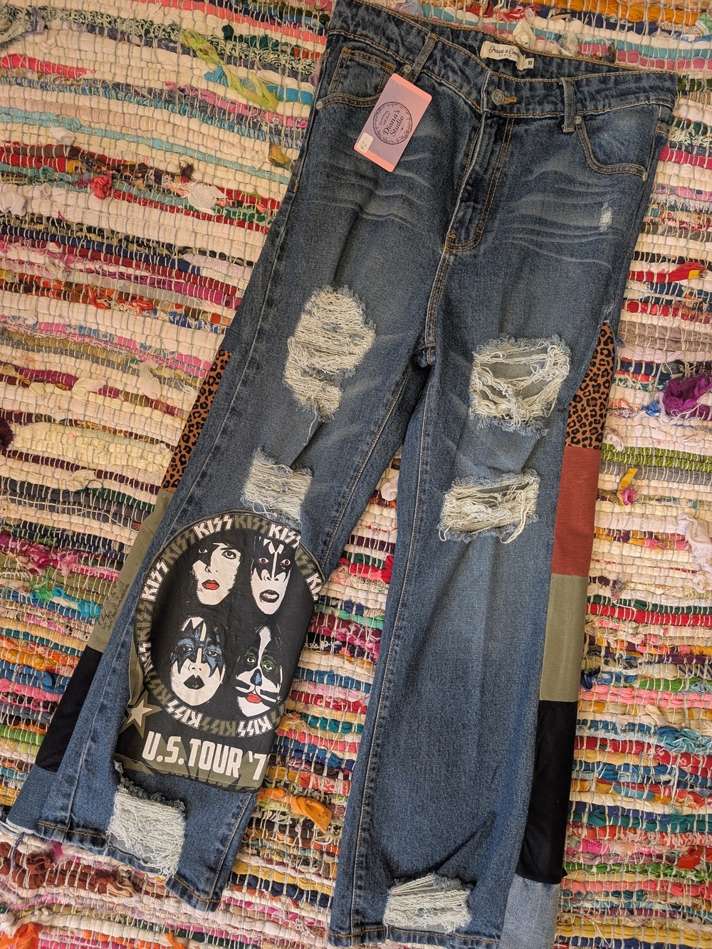 Patchwork Distressed Women's Jeans - Blue